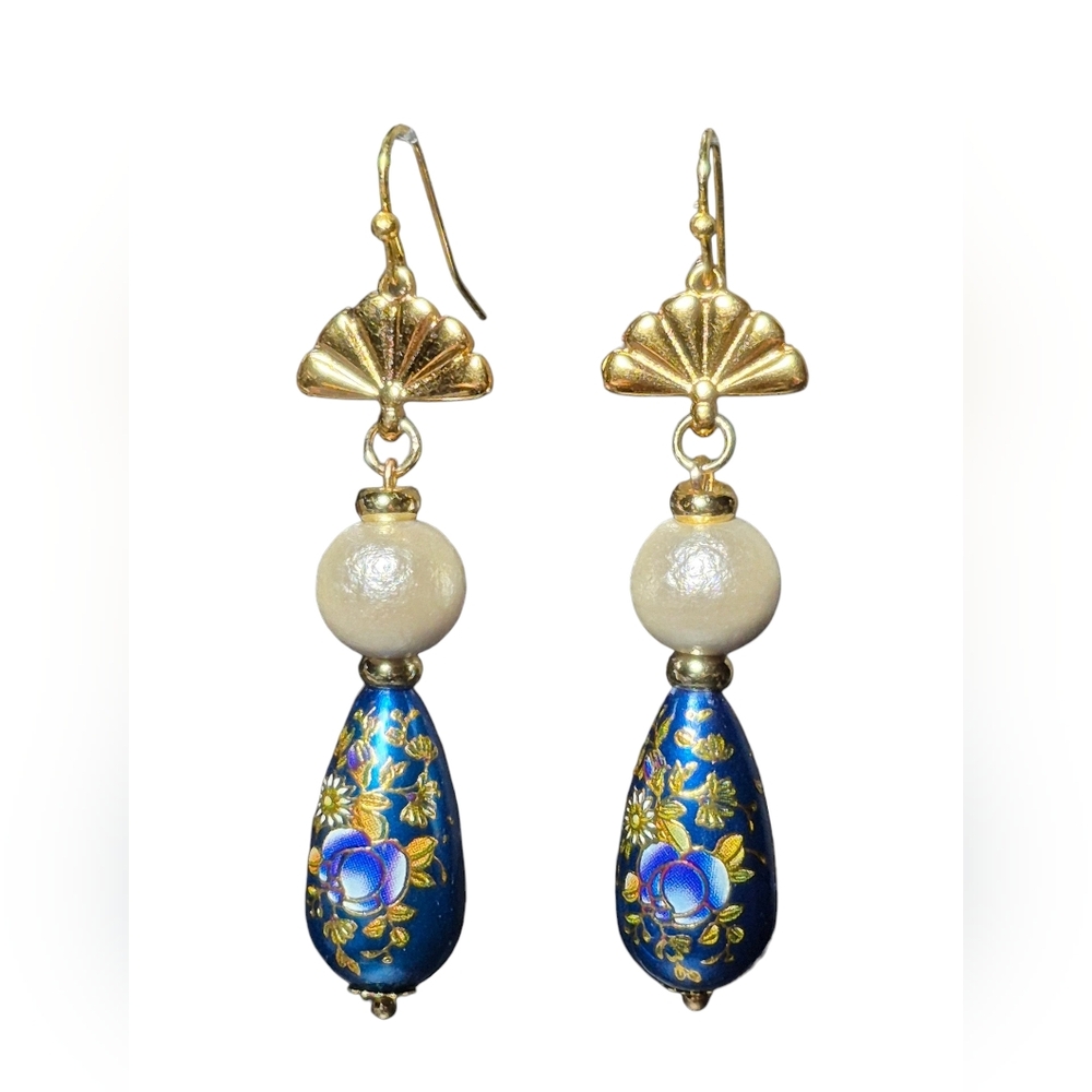 NWT Gold and Blue Floral Japanese Tensha Bead & Cotton Pearl Drop Earrings